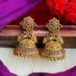 Antique Gold Floral Jhumkas - Ruby Green