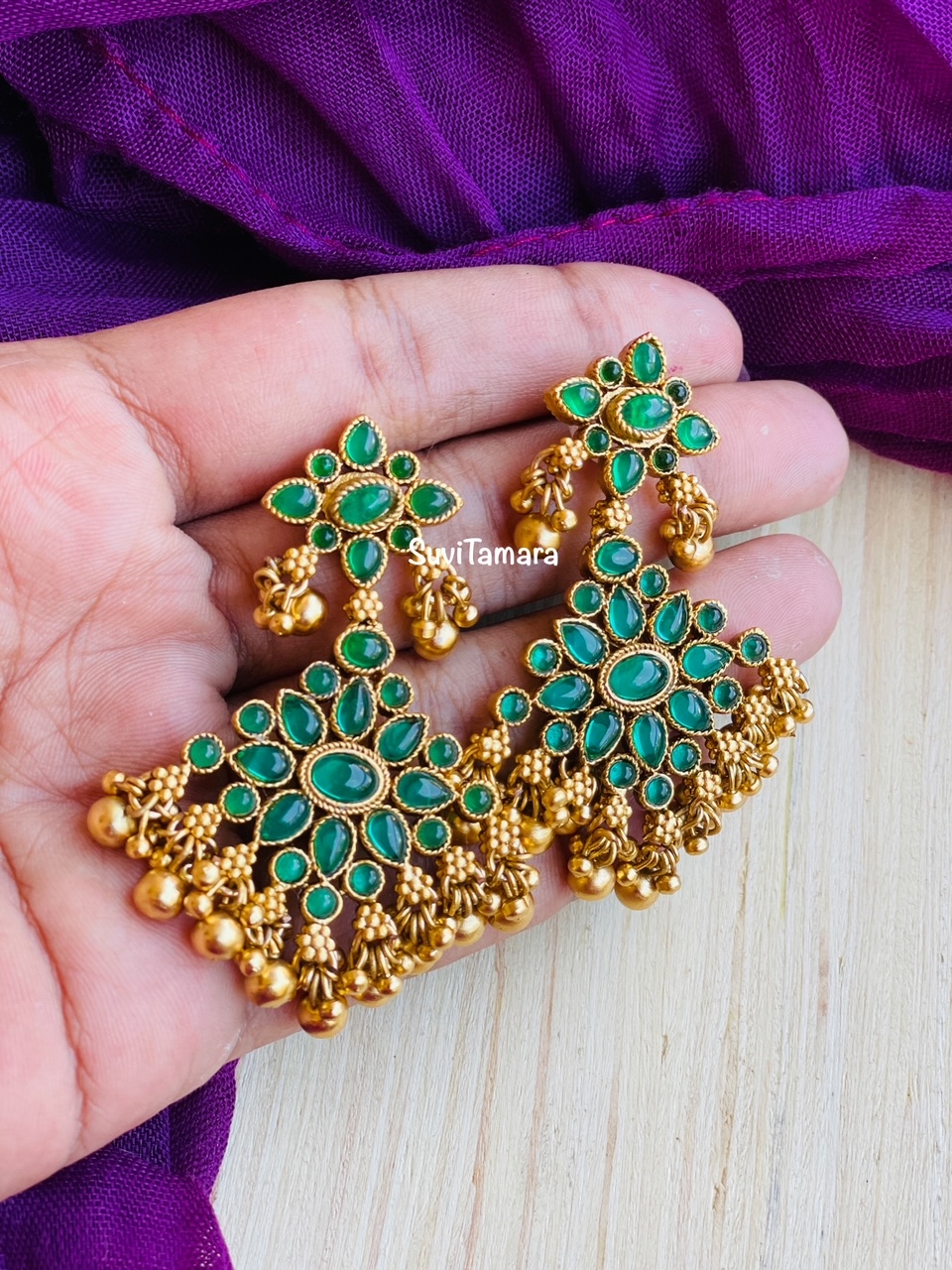 Kriaa Green Austrian Stone Gold Plated Dangler Earrings