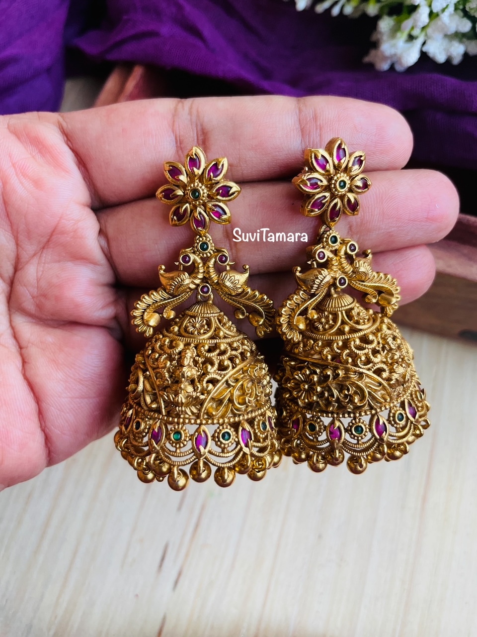 Antique Matte Kemp Lakshmi Peacock Jhumka Earrings Online|Kollam Supreme