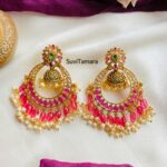 Onion Pink Bead AD Stone Jhumka Chandbalis