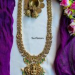 Antique Gold Green Bead Lakshmi Peacock Haram