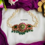 Jadau Kundan Floral Green Beads Choker - READYTOSHIP