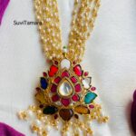 Navaratna Jadau Kundan Lotus Pendant Layer Pearl Chain - READYTOSHIP
