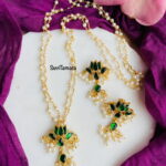 Jadau Kundan Lotus Pendant Pearl Chain - Green