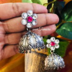 White Stone Flower Stud Silver LookAlike Jhumkas