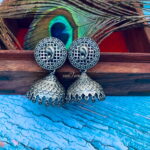 Floral Checkered Silver Look Alike Jhumkas