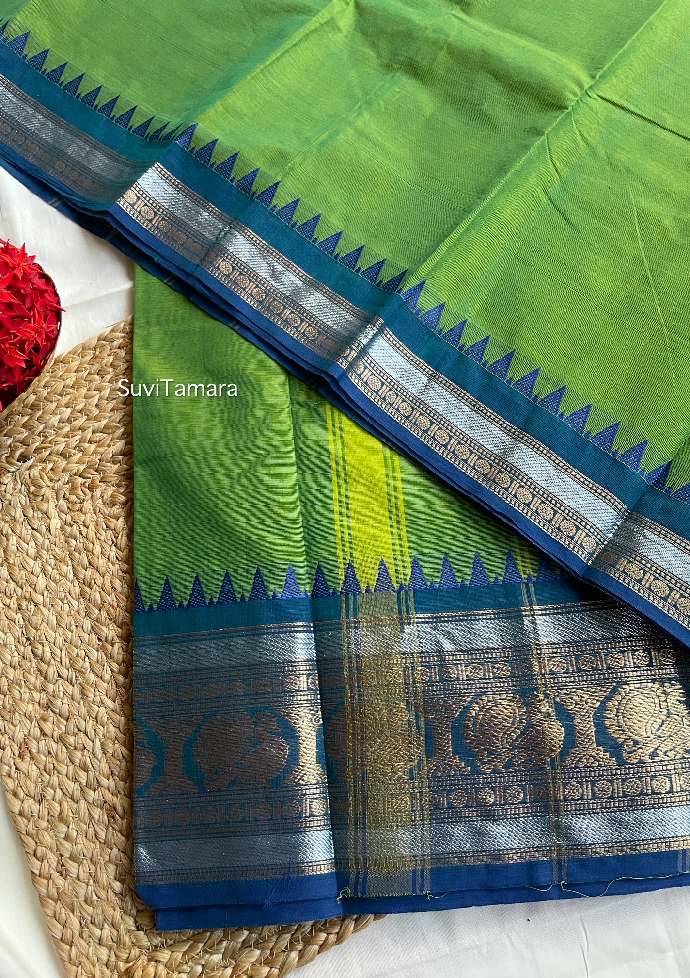 Parrot Green Handloom Cotton Saree – Suvitamara