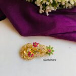 Green Flower AD Stone Saree Pin / Brooch