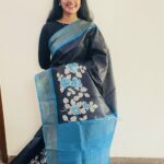 Floral Printed Black Blue Pure Tussar Silk Saree