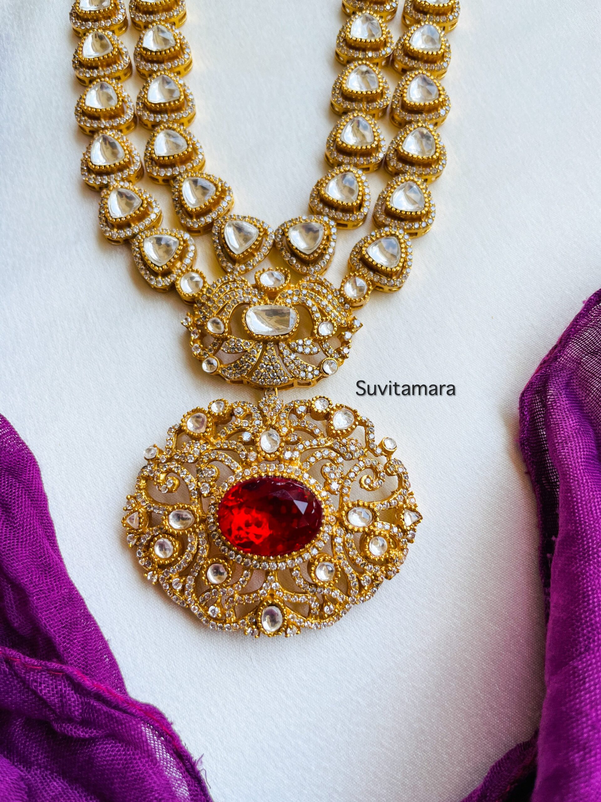 2 Layer Victorian Diamond Kundan Red Stone Necklace - Suvitamara