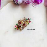 White Flower Ruby Green Stone Saree Pin