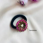 Pink Flower Heart Kundan Hair Band