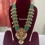 Floral Round Pendant Green Bead Jadau Kundan Haram