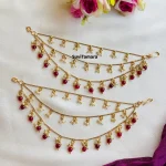 3 Layer Maroon Beads Pearl Ear Chains