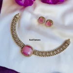 Sqaure Pink Stone Victorian Diamond Hasli Necklace