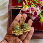 Green AD Stones Pearls Hook Jhumkas